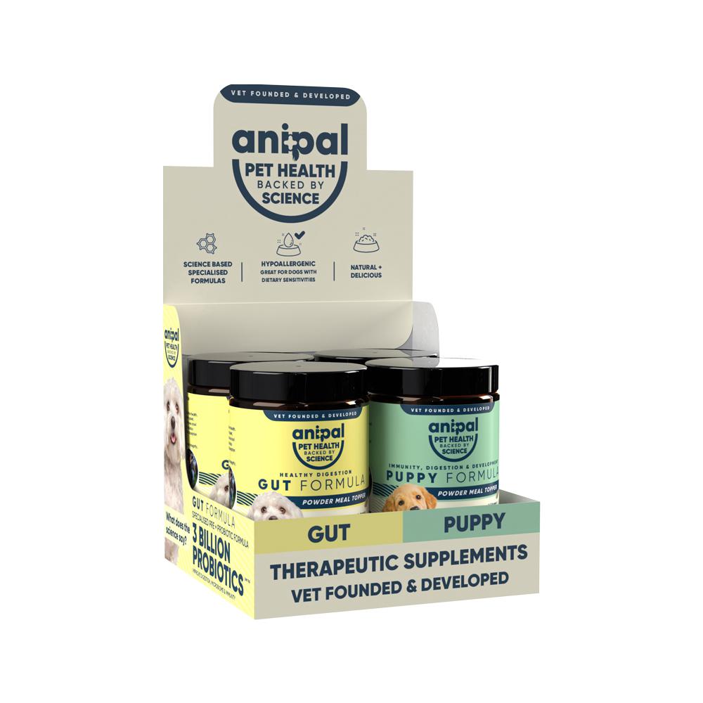 ANIPAL COUNTER DISPLAY STAND GUT PUPPY (CONTAINS 2 X GUT FORMULA 135G 2 X PUPPY FORMULA 135G)