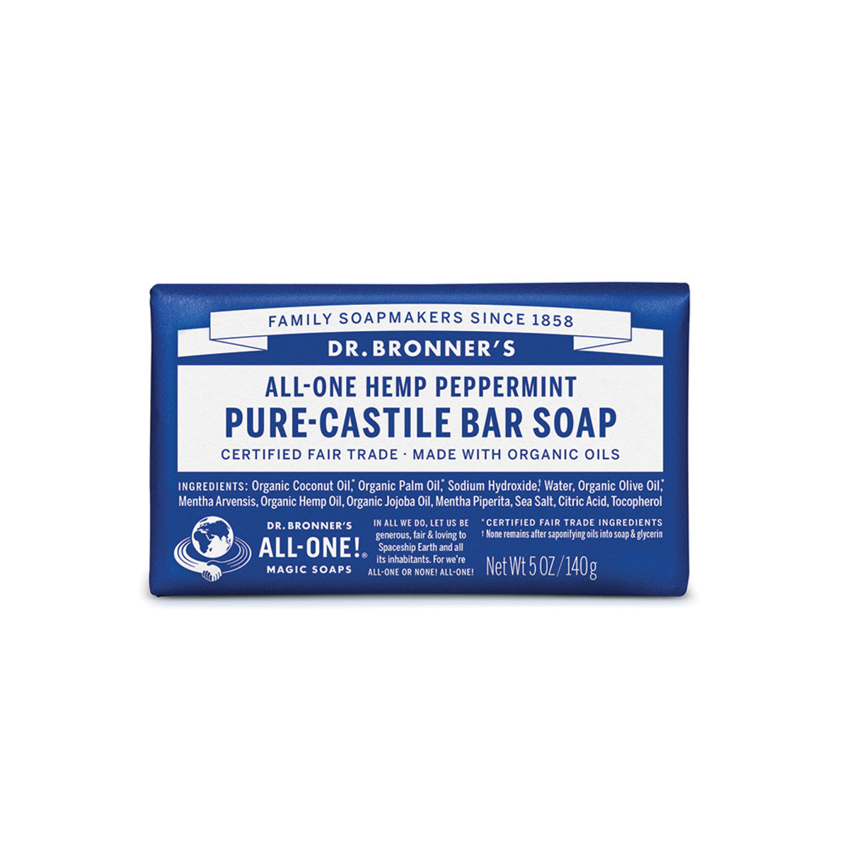 Dr Bronners DR. BRONNERS ALL-ONE PURE-CASTILE MAGIC BAR SOAP PEPPERMINT 140G