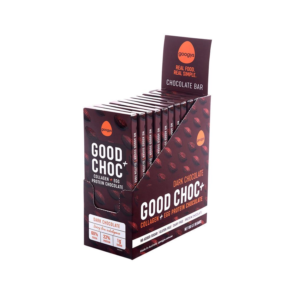 Googys Good Choc+ (Collagen + Egg Protein Chocolate) Dark 100g x 10 Display SELL THROUGH NEW SKU 3101798