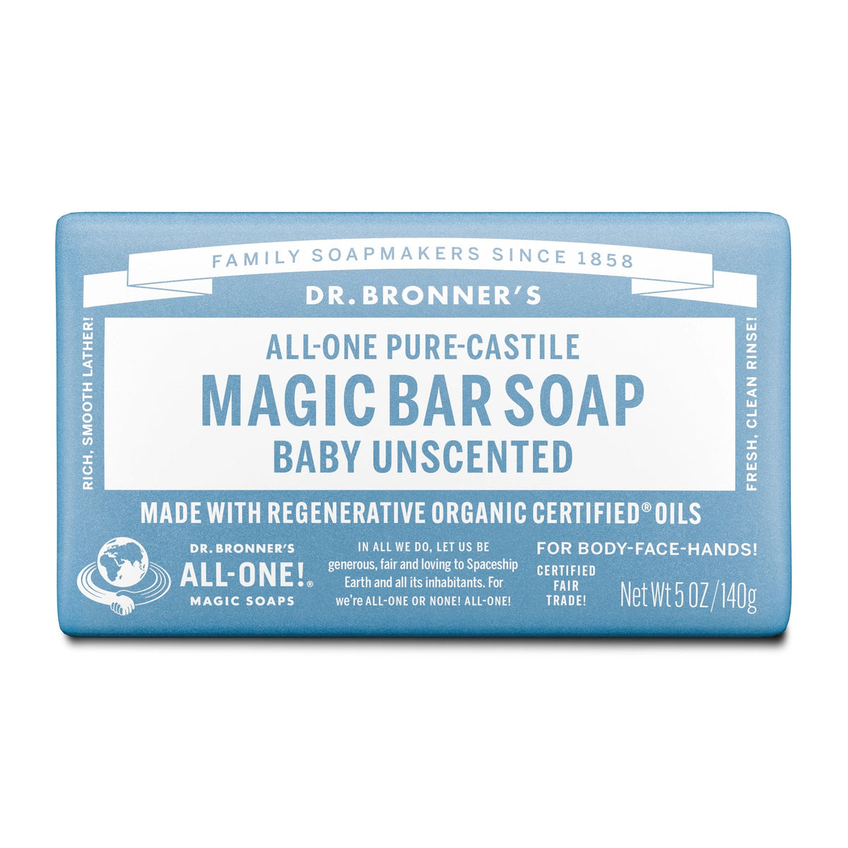 Dr Bronners DR. BRONNERS ALL-ONE PURE-CASTILE MAGIC BAR SOAP BABY UNSCENTED 140G