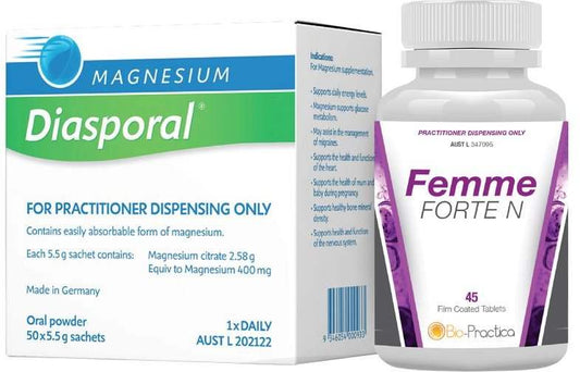 Magnesium Diasporal BIOPRACTICA FEMALE COMBO PACK (CONTAINS: MAGNESIUM DIASPORAL 5.5G X 20 SACHETS + FEMME FORTE N 45T)