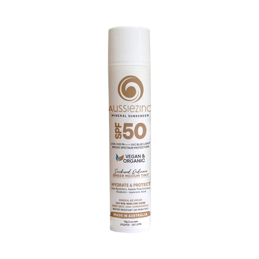 AUSSIEZINC MINERAL SUNSCREEN HYDRATE & PROTECT SPF50 SHEER MEDIUM TINT 100G
