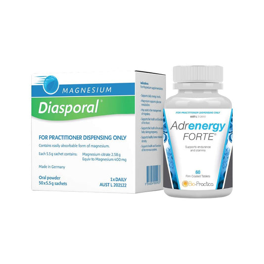 BIOPRACTICA ENERGY COMBO PACK (CONTAINS: MAGNESIUM DIASPORAL 5.5G X 50 SACHETS + ADRENERGY FORTE 60T)