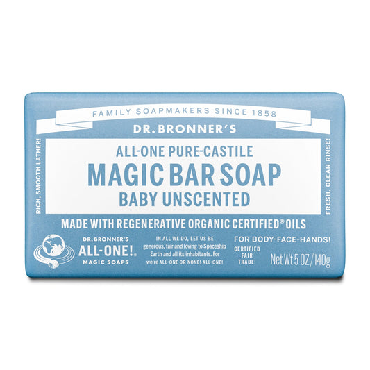 Dr Bronners DR. BRONNERS ALL-ONE PURE-CASTILE MAGIC BAR SOAP BABY UNSCENTED 140G