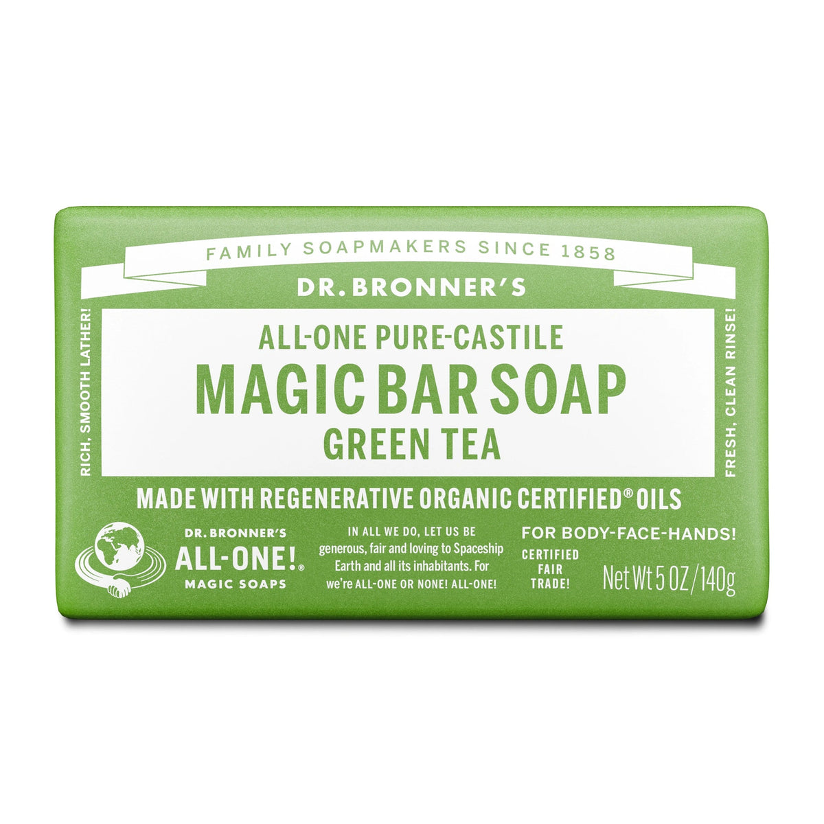 Dr Bronners DR. BRONNERS ALL-ONE PURE-CASTILE MAGIC BAR SOAP GREEN TEA 140G