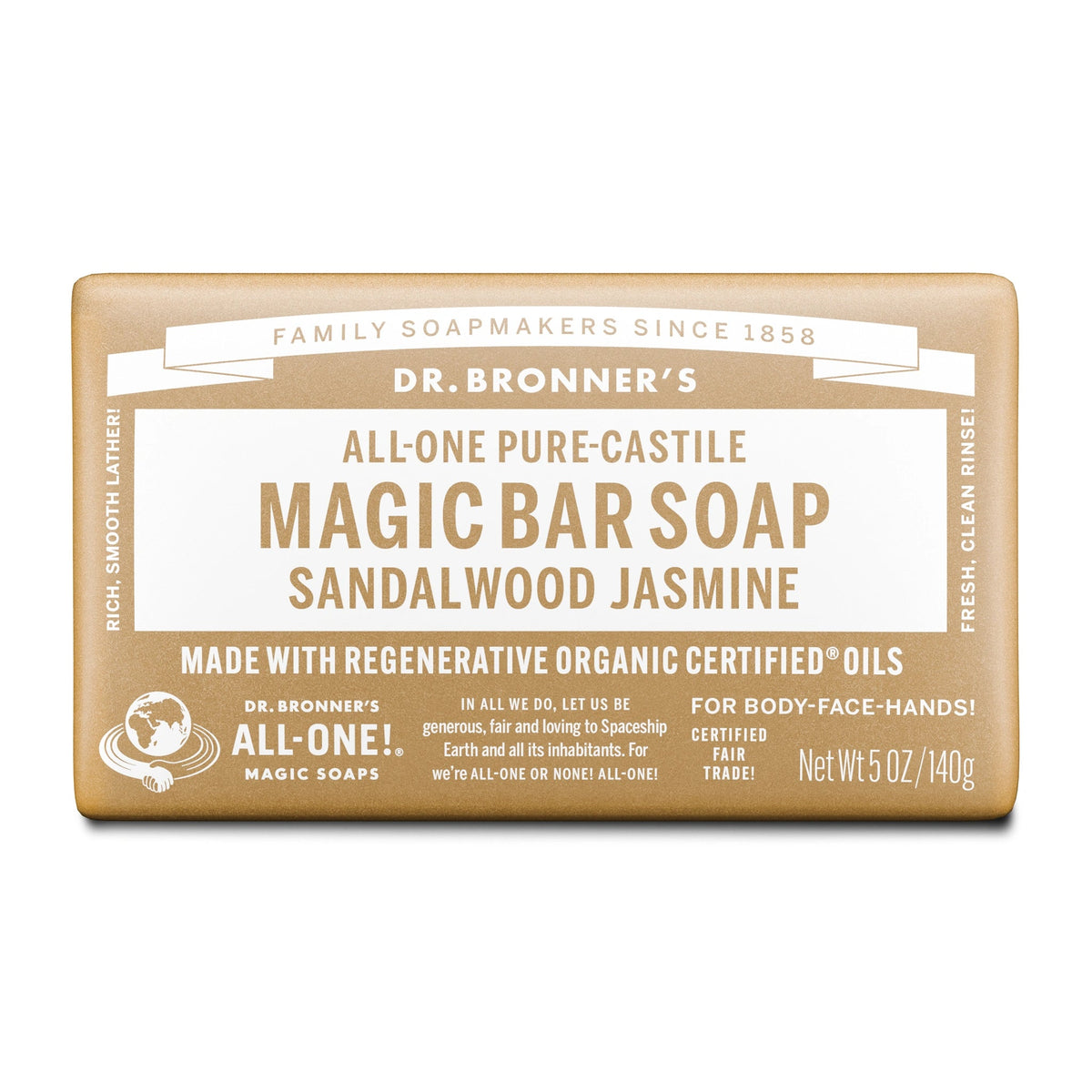 Dr Bronners DR. BRONNERS ALL-ONE PURE-CASTILE MAGIC BAR SOAP SANDALWOOD JASMINE 140G