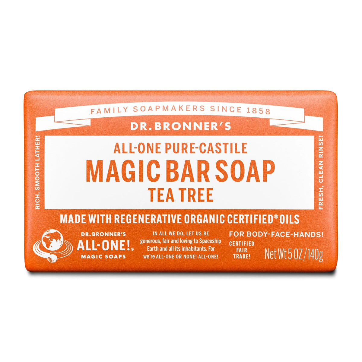 Dr Bronners DR. BRONNERS ALL-ONE PURE-CASTILE MAGIC BAR SOAP TEA TREE 140G