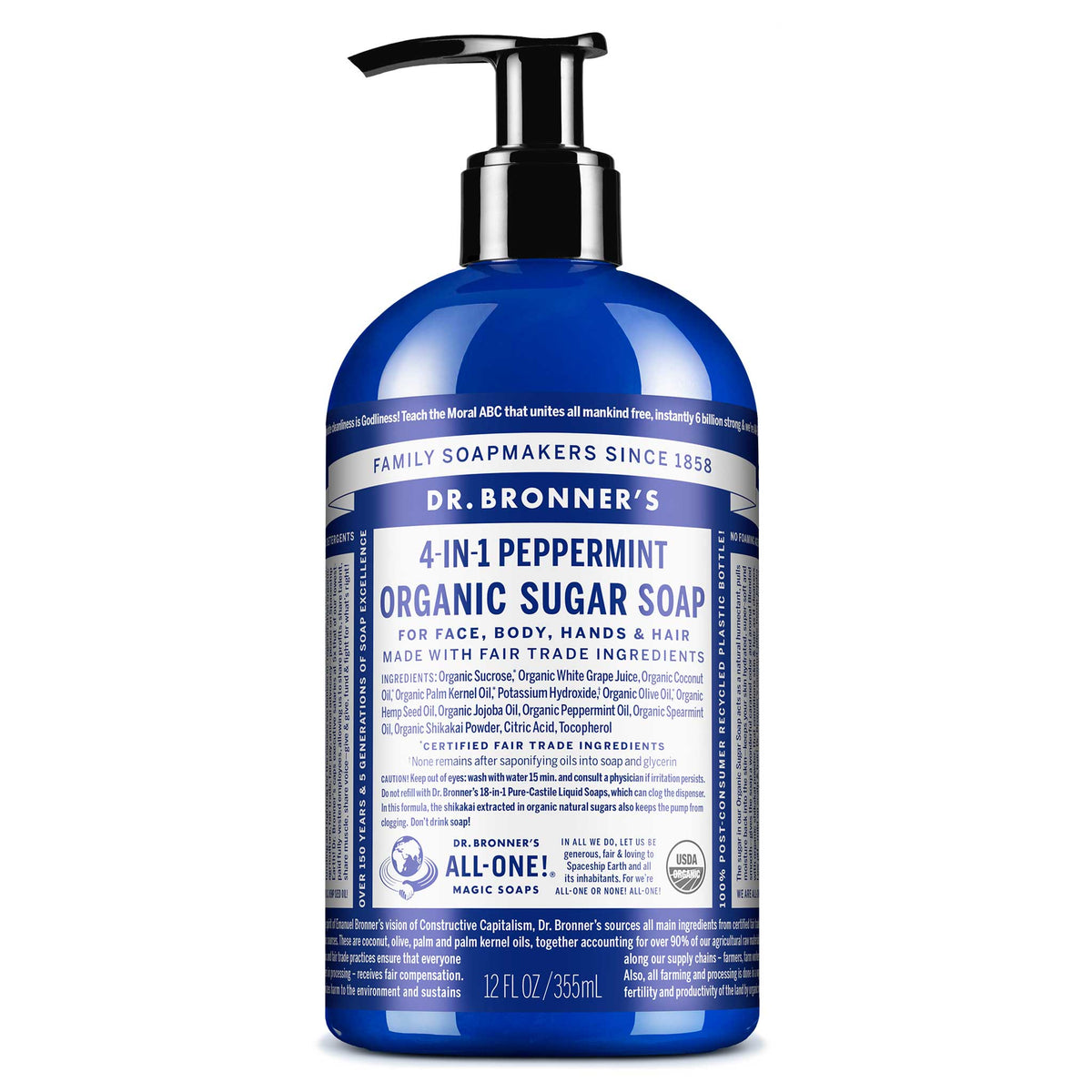 Dr Bronners Dr. Bronners Organic Sugar Soap 4-in-1 Peppermint (Pump) 355ml